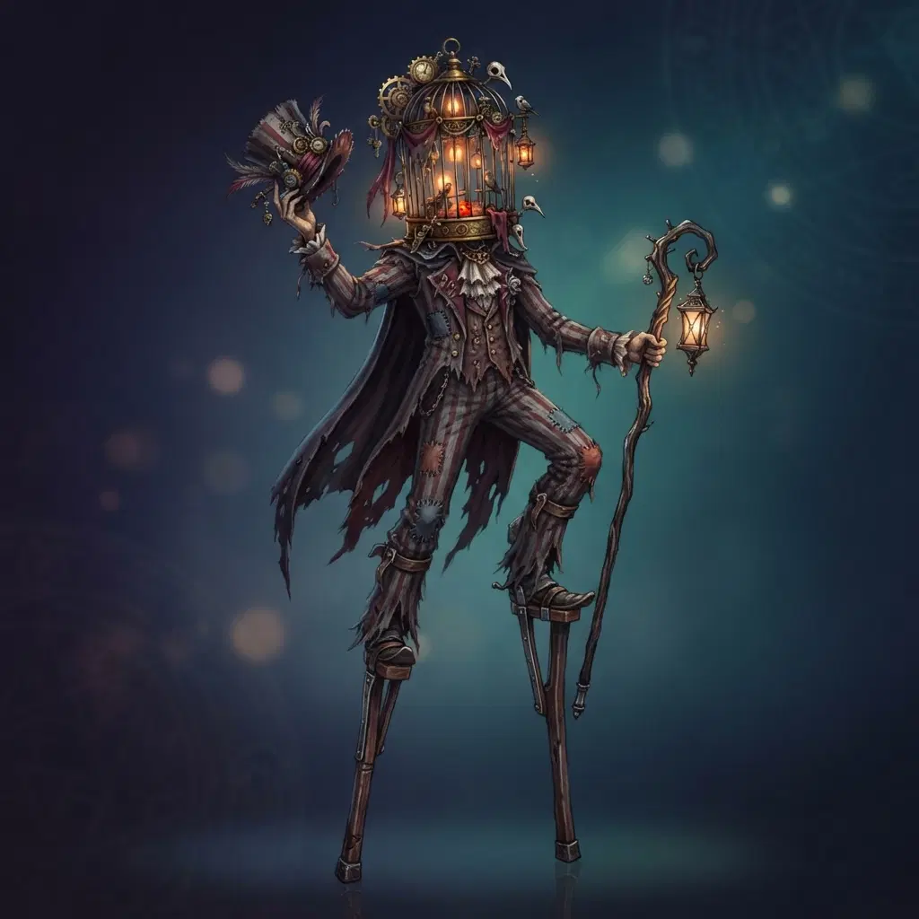 original character: a lanky stiltwalker in a moth-eaten striped suit with a birdcage for a head, lanterns glowing inside, dark carnival storybook illustration, clean soft gradient studio background, vibrant, crisp high detail, digital illustration