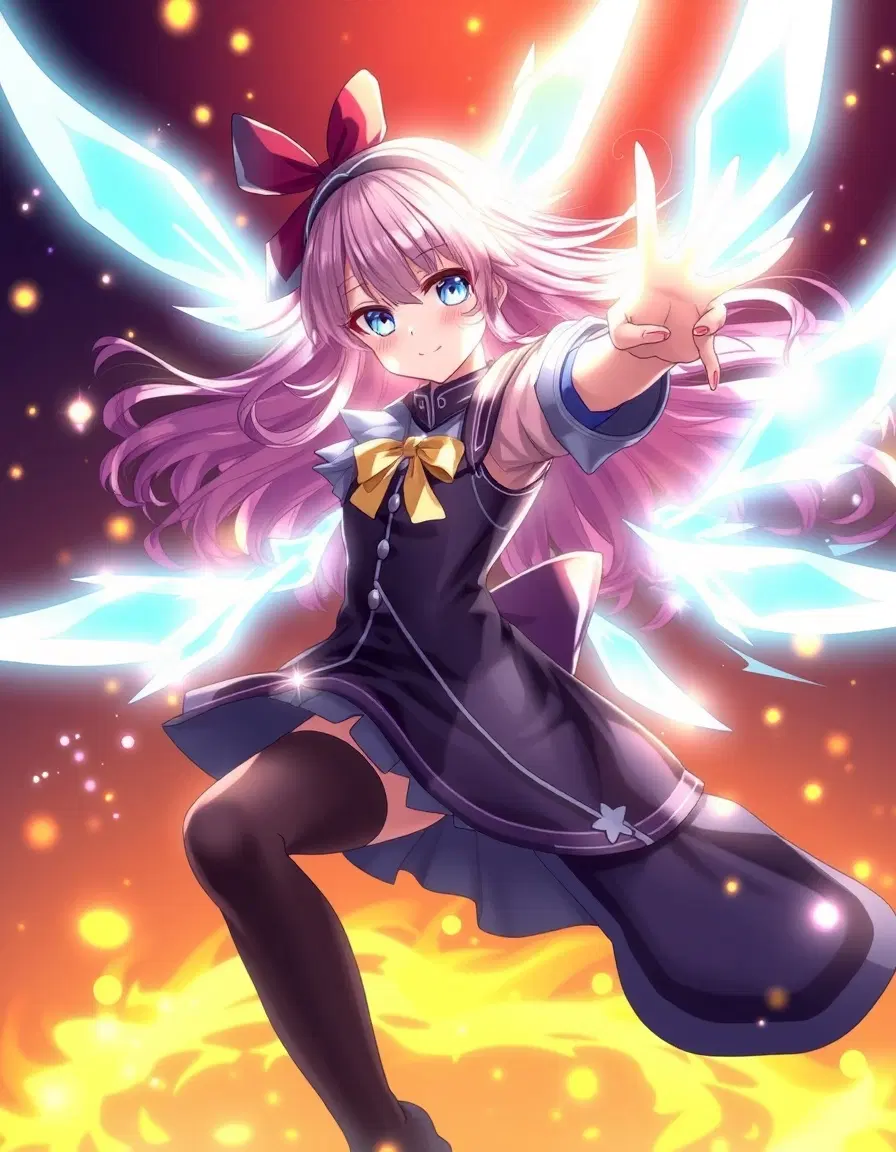 anime girl with glowing powers, sparkles, dynamic pose, flowing hair, fantasy outfit, dramatic lighting