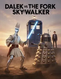 image 1 is fork skywalker. fork skywalker: an anthropomorphic figure with metallic silver limbs and a polished stainless steel fork for a head. it wears a beige jedi-style tunic with wide sleeves, a brown leather utility belt, and brown sandals. the figure wields an ignited blue lightsaber with a cylindrical hilt and a textured grip. image 2 is dalek. dalek: the dalek is a highly advanced, cybernetic war machine, recognized by its distinctive metallic casing that resembles a large pepper pot. it has a single optical lens on its eyestalk, a weapon on one side, and a manipulator arm on the other. the lower part of its body is covered in hemispherical sensor globes. image 3 is tardis. tardis: a british police box, appearing as an anthropomorphic time machine with a victorian-era architectural form. it is a functional enclosure of human-scale dimensions, featuring dual-paneled double doors with recessed rectangular panels and upper transom windows in a six-pane grid. a distinctive illuminated lantern fixture sits atop its roof, and "police box" lettering is visible on the fascia board. the exterior is constructed of weathered blue painted wood with a visible grain texture. in the scene, fork skywalker stands on a rocky desert plateau at sunrise, the warm golden light gleaming on its metallic silver limbs and polished fork head, while the beige jedi tunic, brown belt, and sandals catch the glow. opposite, the dalek confronts the figure, its pepper‑pot casing reflecting the sunrise, eyestalk lens focused, weapon arm poised, and sensor globes shimmering. dust swirls around the two combatants, illuminated by the sunrise. far behind them, the blue‑painted tardis rises on the horizon, its lantern softly illuminated, and next to the tardis stands the tenth doctor (david tennant) from doctor who, adding a vivid companion to the backdrop. **add bold cinematic text at the top of the image reading "dalek vs the fork skywalker" like a movie poster**
