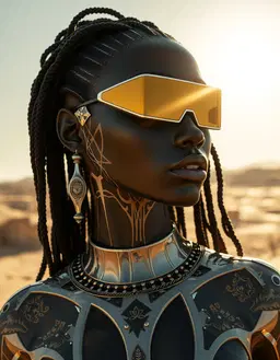 futuristic supermodel in crystalline african‑inspired architecture, fractal repetition layout with self‑similar geometric motifs echoing across surfaces, harsh desert noon lighting casting stark vertical white‑yellow sun, razor‑edged black shadows and blown‑out highlights, chrome‑steel accents and gold‑ground byzantine iconography subtly reflected in the repeating patterns.