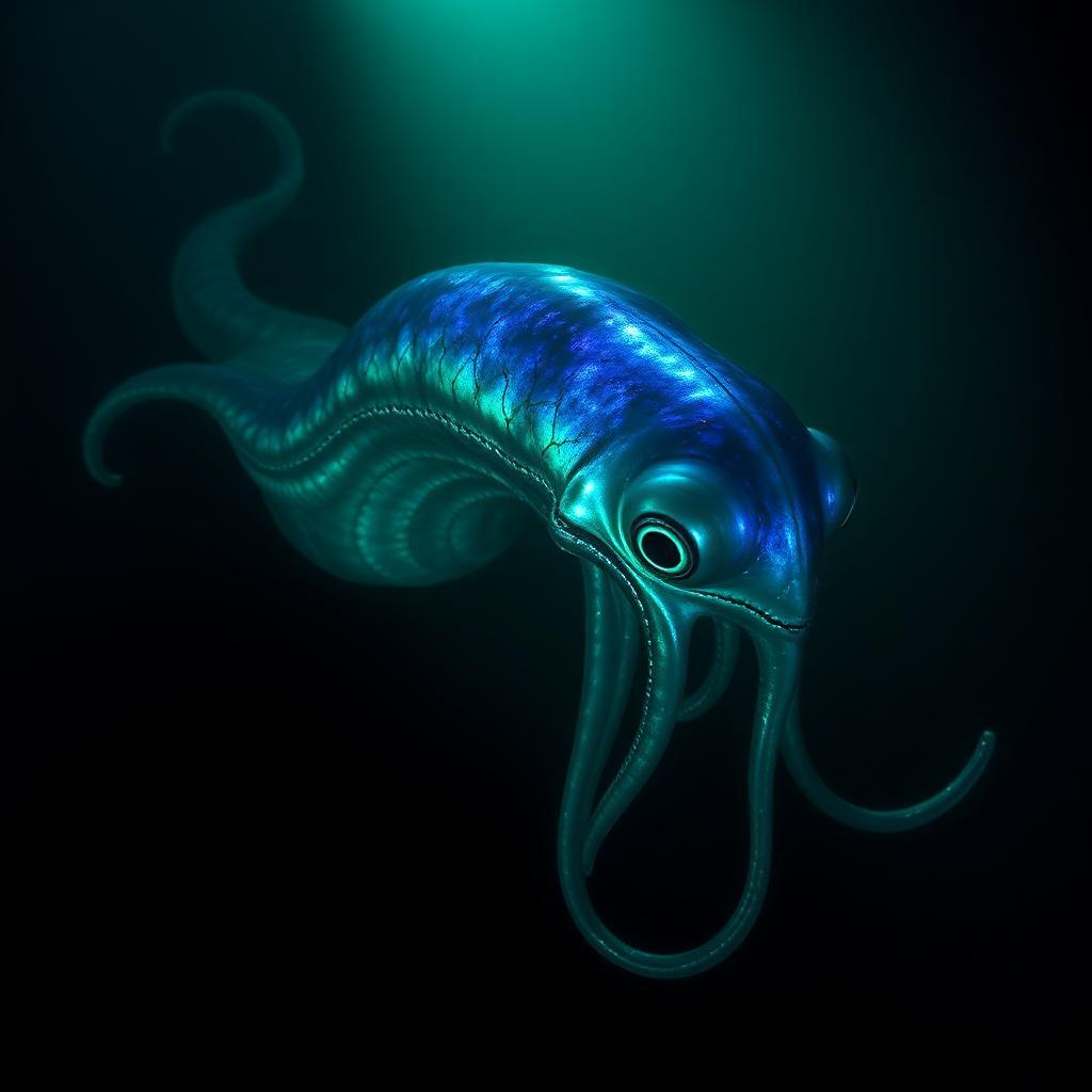 In the desolate darkness of the Mariana Trench, a team of skilled scientists aboard a deep-sea submersible uncover an otherworldly spectacle. The hazy, emerald-green glow of the submersible's lights dances across the inky, black waters as they capture the first-ever high-definition footage of a colossal, enigmatic sea creature. The creature's lithe, ethereal body – a majestic fusion of iridescent blues, purples, and greens – stretches an eerie hundred feet through the void, propelled by gentle, wave-like undulations of its tendrils. As it glides, its kaleidoscope-like skin shimmers with a mesmerizing, pulsing bioluminescence, casting an ethereal aura around the darkness. The submersible's LED lights slice through the murkiness, casting an unsettling, argent glisten across the creature's antique, cyclopean eyes, which appear to scrutinize the camera with an unblinking, ancient intelligence. Schools of ethereal jellyfish, their delicate, ethereal forms glowing with an eerie, neon-blue luminescence, flutter around the leviathan like fireflies on a summer evening, adding to the enchanting, disorienting ambiance. The distant, murky horizon beckons, a largely-hidden expanse of twisted, ghostly coral formations, hinting at a vast, uncharted ecosystem, hidden for millennia beneath the waves.