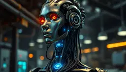 Cybernetic android bust, metallic female face with glowing amber eyes, intricate exposed mechanical neck and chest with glowing blue circuitry, complex braided cables and tubes for hair, dark industrial sci-fi factory background with blurred machinery and warm ambient lights, cinematic lighting, shallow depth of field, hyper-detailed, 8k, photorealistic, moody atmosphere.