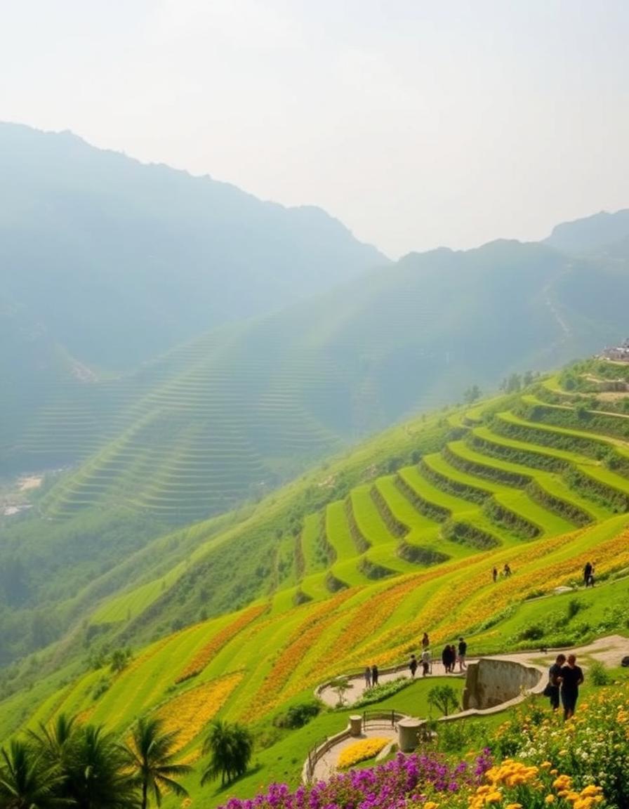 Prompt (Summer - Mountains): "Lush green terraced mountainsides in Asir during summer, cool mist, vibrant wildflowers, people enjoying the pleasant weather (e.g., Abha city parks or Al Soudah), clear air, photorealistic."