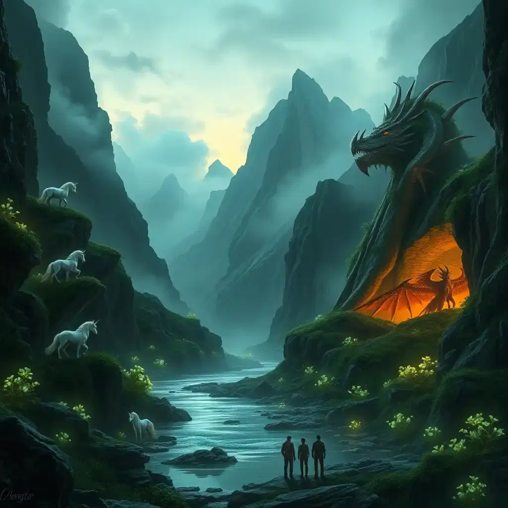 A breathtaking, ultra-realistic hidden valley untouched by time, surrounded by towering, mist-covered mountains. Within this lost world, mythical creatures roam freely—majestic unicorns drink from a crystal-clear river, massive griffins perch atop rocky cliffs, and an ancient dragon slumbers in a cave, its body partially covered in moss and vines. The atmosphere is otherworldly, with bioluminescent plants glowing under the twilight sky. A group of explorers stands at the valley’s edge, silhouetted against the ethereal light, realizing they’ve just discovered a land where legends are real.