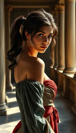 gunda leans gracefully in a classical gallery, captured in a three‑quarter view, bathed in soft natural light that caresses her features; her hair is styled in twin ponytails that cascade in gentle waves, framing her face with subtle movement. the rich earth tones and deep jewel colors of the surroundings shimmer under delicate chiaroscuro, highlighting every fold of her attire and the play of shadows with exquisite, painterly detail, while polished virtuoso brushwork and smooth glazed surfaces lend the scene a lifelike, elegant quality.