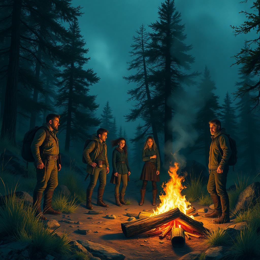 Roland, Eddy, Suzanna, Ote, Jake sur le chemin de la tour sombre (en arriere plan) autour d'un feu de camp d'apres le roman de Stephen King Suzanna