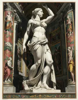 a colossal marble sculpture of a classical goddess, perfectly positioned, poised, elegant and graceful, in a michelangelo‑style renaissance allegorical study of female anatomy, low‑angle worm’s‑eye view, heroic muscular figure lit dramatically with deep shadows, rendered in a company painting style that fuses indian miniature precision with european naturalism, crisp watercolor and gouache on paper using vivid vermilion, saffron and deep green pigments, flat decorative patterning with subtle chiaroscuro, detailed costume and architectural motifs, documentary composition with profile and three‑quarter perspective, cinematic framing.