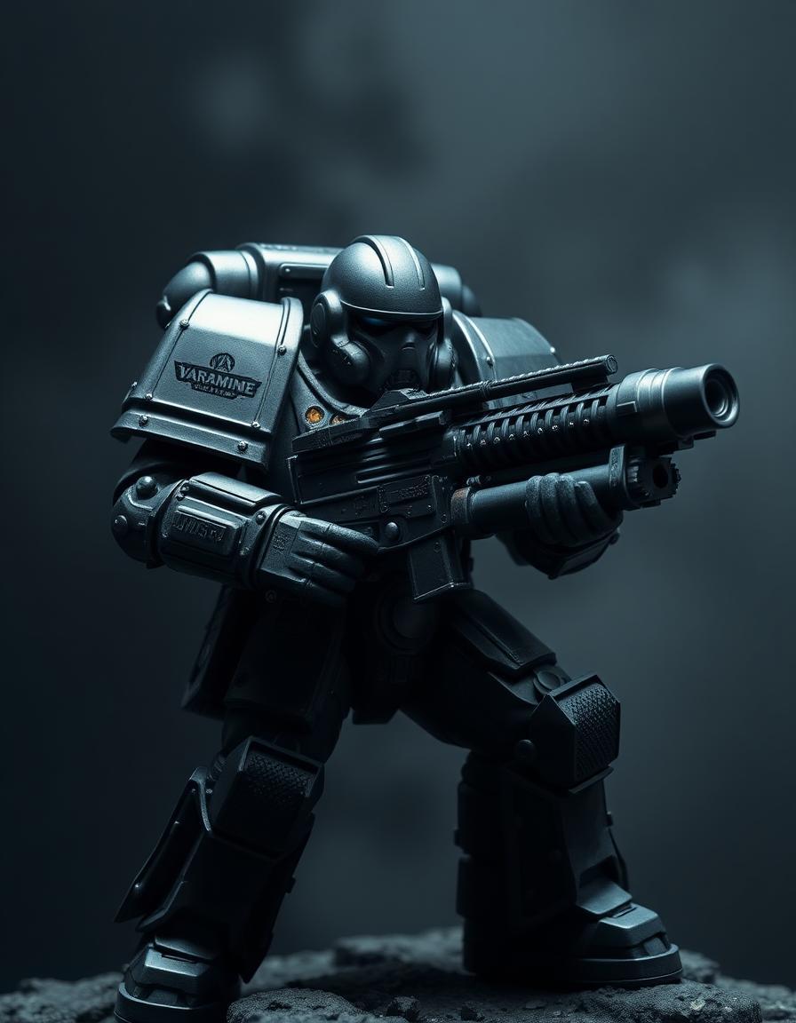 Warhammer 40K space marine in blacked out tactical terminator armor, wielding a massive minigun
