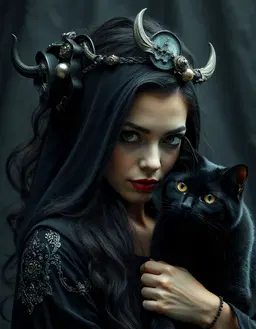 Dark fantasy and horror and black magic, sorceress with her black cat, makeup and hair done, dynamic motion portraits