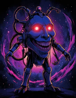 Modern Manga Graphic Novel: dramatic modern manga graphic novel style with bold expressive ink linework and dark black shadows, high-contrast dynamic cinematic lighting, vivid vibrant colors dominated by deep indigo blue, glowing magenta, and warm golden‑amber rim lighting. Halftone pattern details and floating atmospheric particles fill the frame. RoboMonster is centered, silhouetted by rim lighting, striking a dynamic pose with arms outstretched, eyes glowing, surrounded by swirling particles that catch the indigo and magenta hues. Sharp stylized anime aesthetic, detailed illustration.