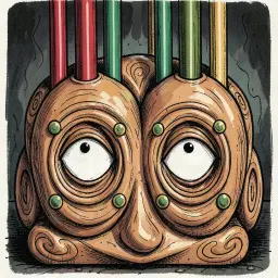 weirdism‑infused chaotic ink‑and‑pen relief sculpture with amplified rough, broad strokes and grainy impasto textures, rendered in a bold pen‑and‑ink digital illustration style that emphasizes flat 2d minimalist shading, colored, high‑contrast outlines and eerie surreal‑brutalist atmosphere. a glossy terracotta and ochre base supports bulbous abstract forms and swirling organic patterns, while two central stylized faces with large pale almond‑shaped eyes and tiny black pupils dominate, framed by concentric ridges and small green‑yellow circular accents. vertical columns of smooth glossy red, green, and gold tubes rise from the top, all bathed in moody color palette, chaotic linework, expressive ink strokes, and unsettling weirdist vibes.