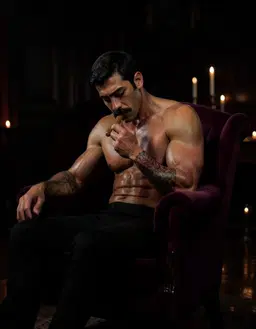TONY sits in a luxurious chair, its deep velvet softened by the dim, shadowy light of the room. The atmosphere is dark and moody, with faint glimmers of muted candlelight reflecting off the polished wood, casting subtle highlights on his posture as he leans slightly forward, eyes half‑closed in contemplation. The surrounding space is barely visible, engulfed in gloom, emphasizing the contrast between the plush chair and the surrounding darkness.
