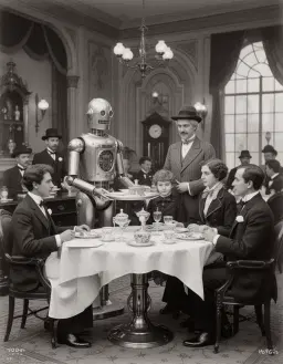 robot butler serving a family retrofuturism 1900s photograph