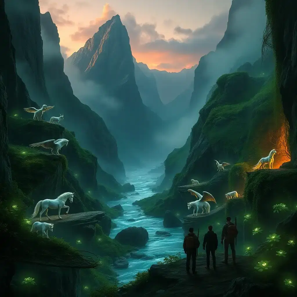 A breathtaking, ultra-realistic hidden valley untouched by time, surrounded by towering, mist-covered mountains. Within this lost world, mythical creatures roam freely—majestic unicorns drink from a crystal-clear river, massive griffins perch atop rocky cliffs, and an ancient dragon slumbers in a cave, its body partially covered in moss and vines. The atmosphere is otherworldly, with bioluminescent plants glowing under the twilight sky. A group of explorers stands at the valley’s edge, silhouetted against the ethereal light, realizing they’ve just discovered a land where legends are real.
