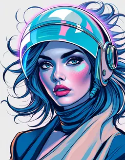 regal woman in high‑fashion, confident pose, dramatic eyes and luxurious hair swirling amid vibrant sketch‑like lines, rendered in cool blues, teals, soft violets and blue‑gray shadows; infused with a bold vibe futuristic aesthetic—curvilinear, otherworldly forms, bold outlines and vibrant analogous colors reminiscent of 80s‑90s sci‑fi pulp novels, with striking neon accents and surreal graphic textures; stylized close‑up face with dramatic eye detail, flowing garments outlined in crisp metallic highlights that glow like glass‑like steel, **with shimmering opal skin texture, iridescent facets, and a luminous glow, wearing a 1950s spacefarer astronaut helmet with a chrome gleam and a retro-futuristic vaporwave glow, a pastel neon halo surrounding it,** set against a soft, nostalgic background that evokes serene chaos and introspection, delivering a sophisticated modern fashion illustration as a stunning sci‑fi masterpiece.