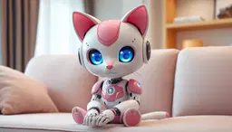 A girl-type cat robot. Pink and white color palette.
Smooth, seamless surface. Equipped with artificial intelligence. Whisker-shaped sensors. Blue, glowing eyes.
Sitting leisurely on the living room sofa.
Gentle atmosphere. A cute, chibi character style.
Digital painting, ultra detailed, extremely detailed, best quality, masterpiece, highly refined, rich textures, smooth brushstrokes, realistic shading, cinematic lighting, subtle bloom, delicate highlights, sharp focus, 4K, ultra high resolution, balanced composition.