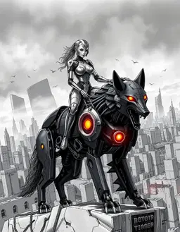a striking female robot with sleek chrome limbs and intricate steel filigree on her face rides confidently atop a massive robotic wolf of brushed steel and matte black alloy, both illuminated by amber circuitry, set against a sprawling brutalist city of concrete monoliths and slab towers under an overcast steel‑gray sky. rendered in an inky illustration art style with bold black lines, high‑contrast shadows, and rich ink textures that emphasize the metallic details, geometric architecture, and glowing runes, creating a dramatic, textured tableau.