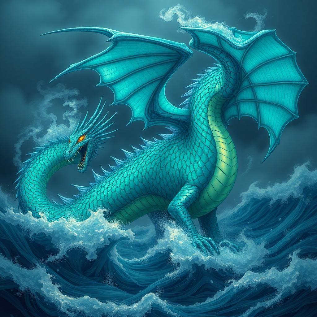 "a massive, serpentine dragon, its scales shimmering like iridescent ocean foam, undulating in rhythmic waves as it rises from the depths, its body a mesmerizing blend of turquoise and aquamarine hues, evoking the crashing surf of a stormy sea. the dragon's wings, a delicate latticework of translucent membranes, ripple and flutter like the surface of the ocean, as it breathes a misty veil of sea spray into the air. its eyes burn with an inner fire, like the glow of bioluminescent creatures in the dark depths, as it surveys its kingdom, a realm of coral reefs and sunken ships, where the secrets of the deep are waiting to be uncovered."