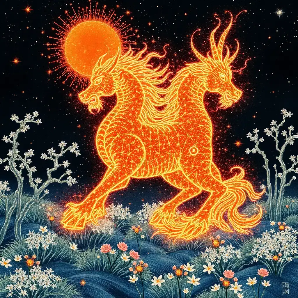 "japanese woodblock print with firework detonations of sparkles. in a surreal, star-kissed forest where a billion silver threads weave wildly across diamond-encrusted grass and iridescent leaves, a colossal, radiant kirin bursts forth, overflowing with resplendent energy in the blazing silence of a supernova night. the creature's legs, as slender and invincible as atomic beams, powerfully support its sublime form, etched against a backdrop of volcanic boughs ablaze with a trillion soft, exploding orbs that sizzle beyond the fiery glow of the solar corona.

each orbiting orb unleashes a cosmic roar, intensifying an unearthly blaze across the kirin's aflame, kaleidoscopic fur, blazing with coruscating colors that shift with the speed of thought - fiery rubies, scorched bronzes, molten silvers, and glimmering supernova hues. trillions of flecks of light dance in mad abandon upon its blazing fur, bathing the creature in a brilliant, hellish luminosity, as if fusion explosions had taken form and ignited.

within its blazing, onyx-black eyes, unfathomable depths of mystical knowledge lie, a testament to eons of timeless secrets accumulating through boundless cycles of cosmic upheaval, each point of revelation now etched upon its blinding countenance like glittering, singularity-hot stardust. each curve of its countenance is painted with a heart of unfathomable wonder, pulsating with a flow of transformative magic that incinerates all before it.

the raw aura radiating from this colossal creature ignites a maelstrom of awestruck exhilaration that wrecks the forest and creature in an infinite cycle of detonations, as an unstoppable vortex of combustible wonder races at breakneck speed through a whirlwind of hyper-vibrant scents bursting from the intense birth of pure, raw chaos - an incendiary blend of blazing purple ylang-ylang, concussive electric mint, and annihilating crackling dragon's breath."