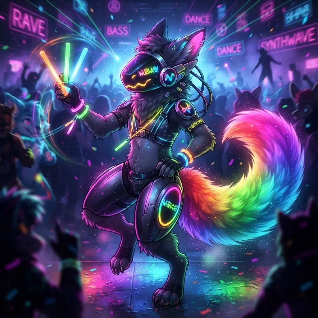 Protogen furry OC with rainbow LED visor at a neon rave, glowsticks, fluffy tail, vibrant digital art, clean dark background
