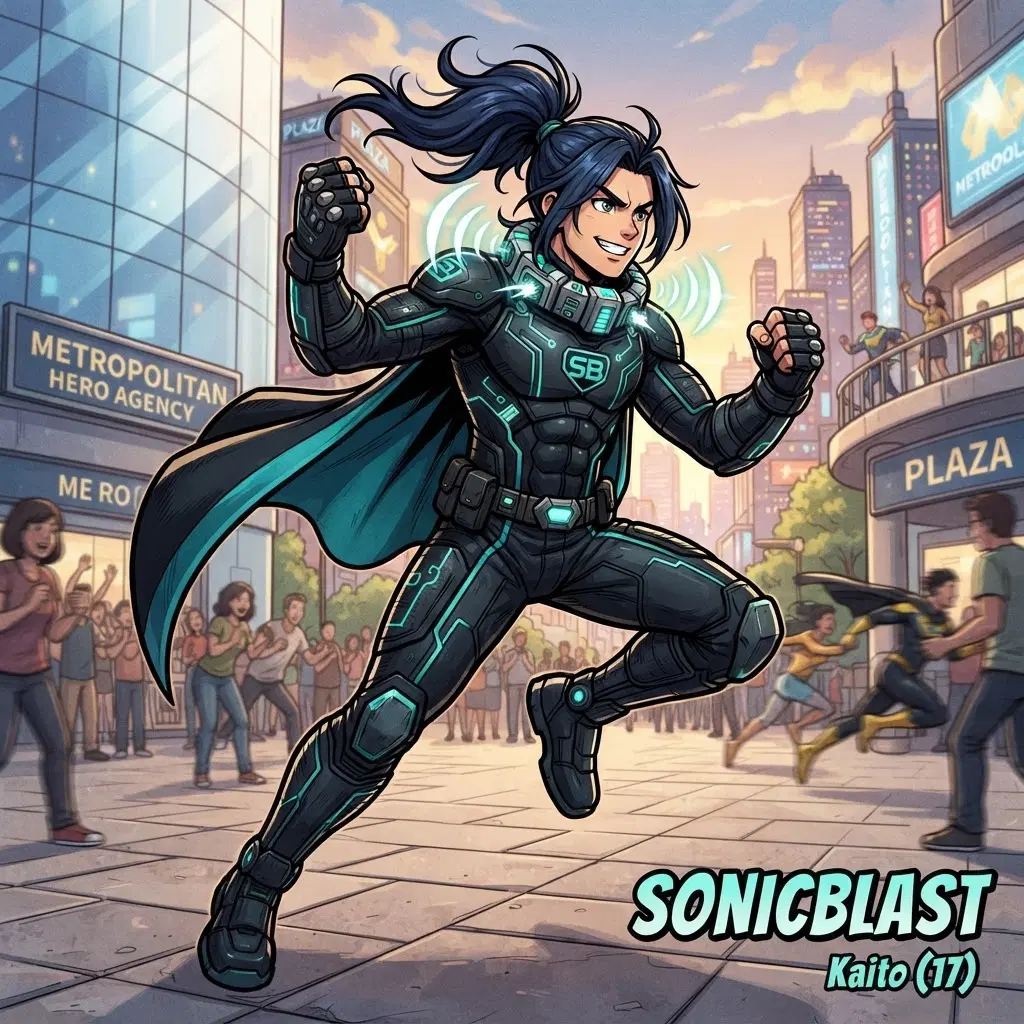 male teen hero in a sleek black and teal hero suit with a sound blast collar gadget, long dark blue hair tied back, bold thick shonen line art, dynamic pose, busy city hero agency plaza