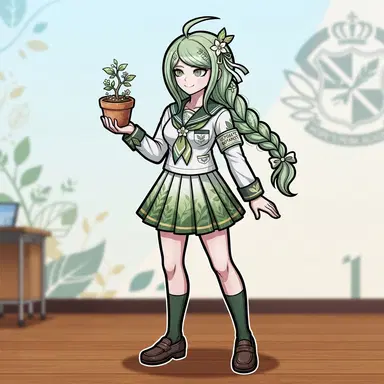 original Danganronpa style anime student, the Ultimate Botanist, girl with pastel green braid, sailor uniform, bold flat colors, digital illustration