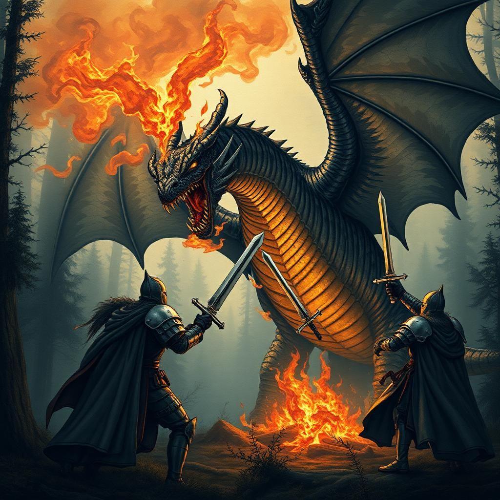 A hyper-detailed medieval tapestry-style illustration depicting knights battling a fire-breathing dragon in a dense, foggy forest. The dragon has massive, bat-like wings, obsidian-black scales with molten cracks glowing beneath, and a pair of piercing golden eyes. Smoke and embers rise from its nostrils as it roars. The knights’ armor gleams in the flickering firelight, their swords raised as they brace for the beast’s attack. The composition is dynamic, showing the immense size and ferocity of the dragon while capturing the desperate bravery of the warriors.