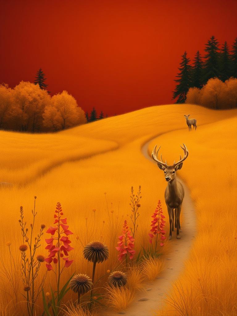 A serene autumn meadow, warm with burnt orange and mustard yellow hues, under a deep burgundy sky. Wildflowers in shades of brown and orange sway gently, as a narrow dirt path winds through the hills. A lone deer stands at the edge of the trees, its ears perked up and eyes shining with curiosity. The scene is cozy, with a sense of nostalgia, like a classic folk tale come to life. The warm, earthy tones and rustic charm evoke a feeling of comfort and natural beauty.