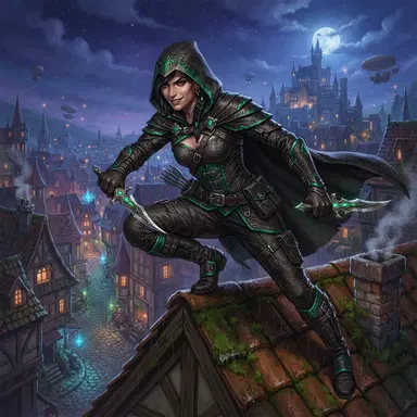 original fantasy rogue oc, hooded leather armor, twin daggers, rooftop pose, painterly high fantasy art