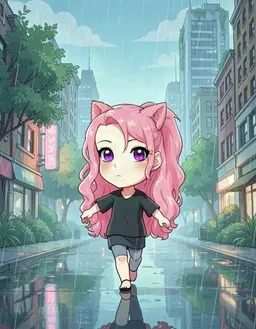 violet whisper stands on a rain‑slick city street, her wide stride forward and arms swinging, the rain softening the neon glow into gentle blues and greens. the background is a lush, dreamlike blend of verdant foliage and towering skyscrapers, rendered in a ghibli‑style palette of earthy tones and delicate pastel accents. clean, expressive lines frame her silhouette, her face serene and focused, while the open sky and misty horizon invite a tranquil, immersive atmosphere.