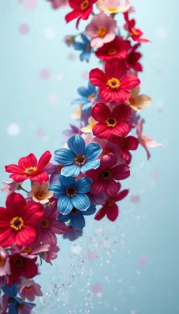 vertical composition, a cascade of vibrant, multi-colored flowers in red, blue, pink, gold, and purple, dissolving into a shower of glittering dust and bokeh light particles, soft pastel blue background, dreamy and ethereal atmosphere, macro photography style, shallow depth of field, high saturation, digital art, 8k resolution.