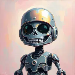 oil painting style with rich, expressive, timeless atmosphere, featuring thick textured brushstrokes that reveal the artist’s hand and soft blending of tones, luminous saturated colors that glow subtly, layered impasto surfaces where highlights physically stand out, deep depth and realism created through careful glazing and transparent layers; the scene portrays a cute terminator robot with a friendly grin, rendered in whimsical cartoon style, its metallic body softened by pastel lighting, gentle pastel hues bathing the scene, set against a gentle, dreamy background that blends the classic oil‑painted texture with playful, friendly charm.