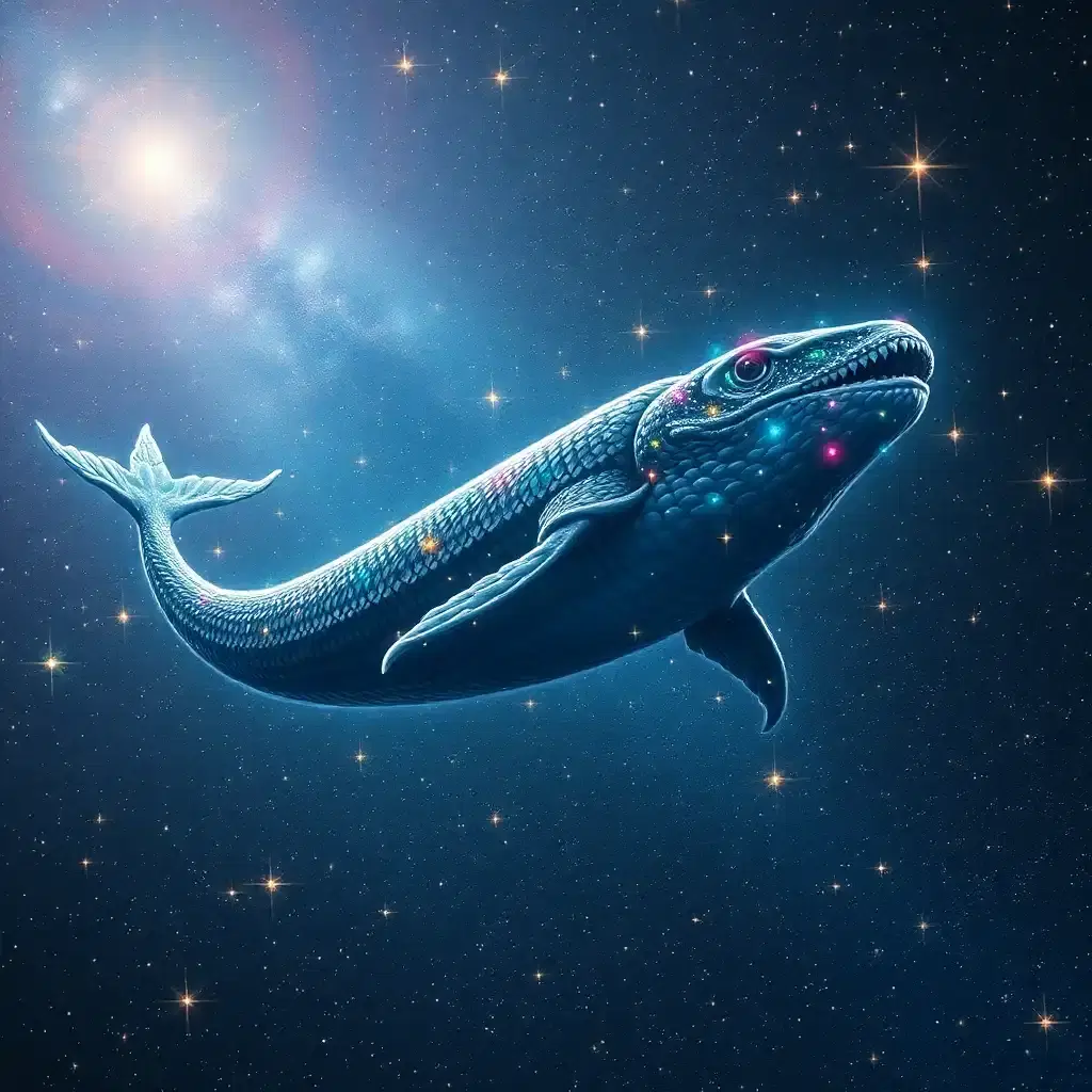 Amid a scintillating meteor shower, an ethereal leviathan emerges from a shimmering sea of stars. With scales as dark as the void and fins that flicker with rainbow luminescence, it glides through space with graceful majesty. Stars bow to its passage, illuminating the universe in fleeting moments of brilliance. As the leviathan sings, its haunting melody transcends the bounds of reality itself.