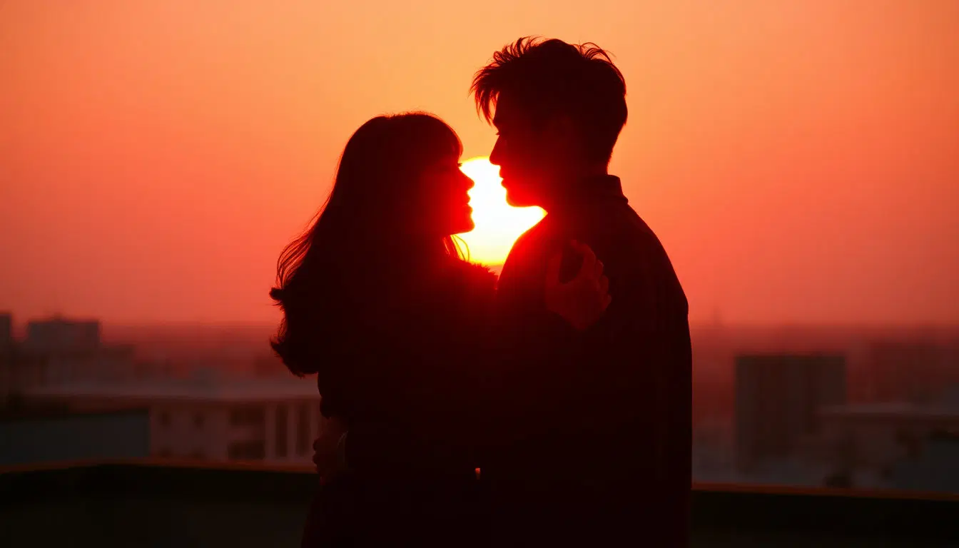 Two lovers hugging tightly, silhouettes against a giant orange sunset, on a rooftop overlooking the city, dramatic backlight, cinematic film still [Common Style], cinematic film still [Common Style], cinematic film still [Common Style],cinematic film still, 90s Japanese cinema aesthetic, nostalgic mood, slightly grainy, 35mm film, shot on Kodak Portra 400, muted colors, soft lighting, depth of field, high quality, --ar 16:9