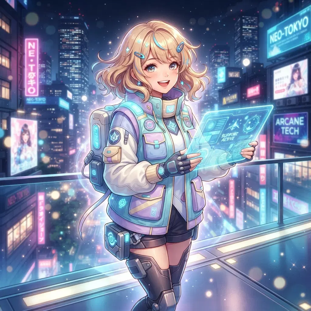 original character: a cheerful support esper in a pastel utility vest holding a glowing tablet, city lights behind, high-gloss urban supernatural anime game art, clean soft gradient studio background, vibrant, crisp high detail, digital illustration