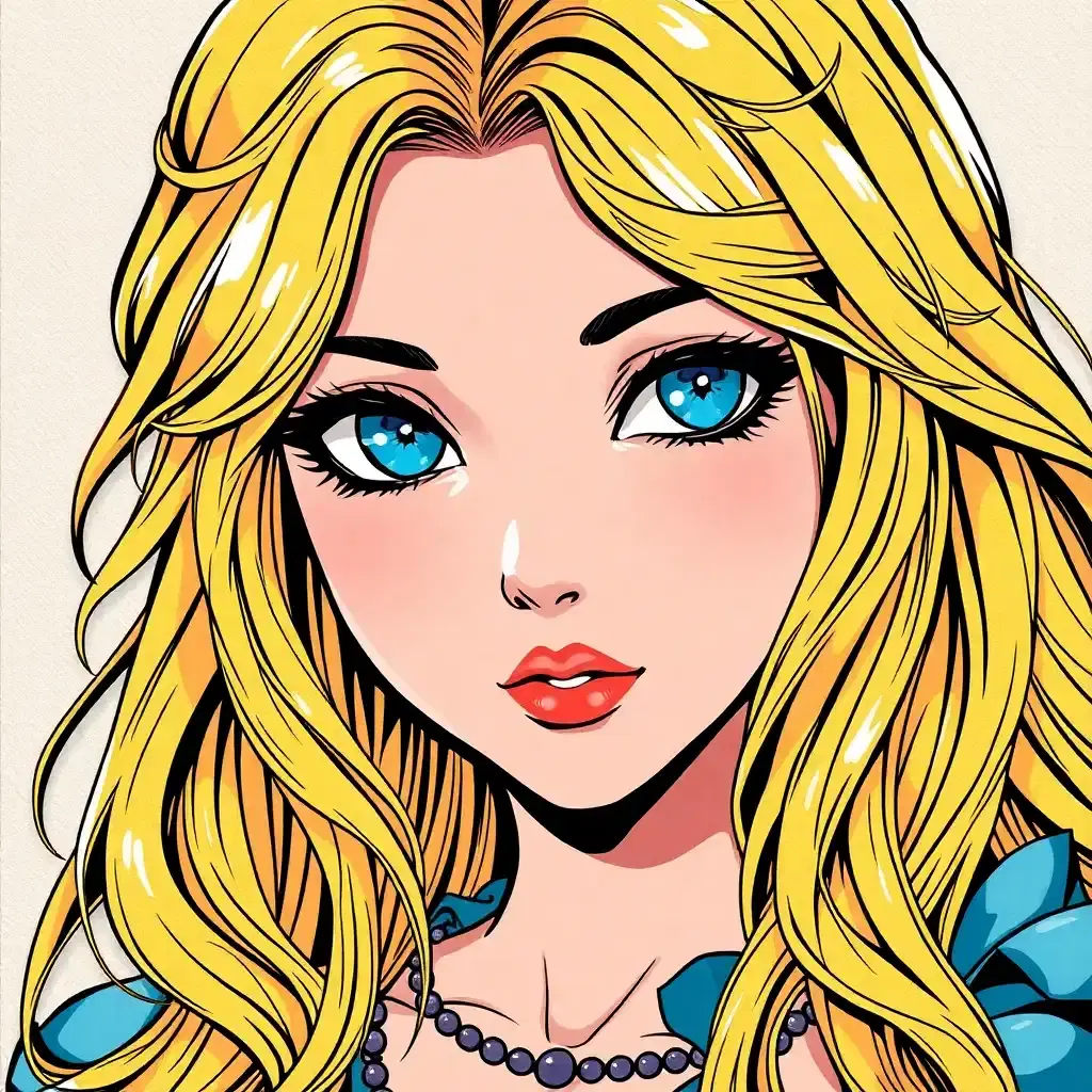 Create a spellbinding femme anime character, adorned with cascading locks of blonde hair and entrancing blue eyes, reminiscent of a fairy tale enchantress. Immerse her in a vibrant, vintage comic book universe, where each detail pops with color and precision that blurs the lines between fantasy and reality.