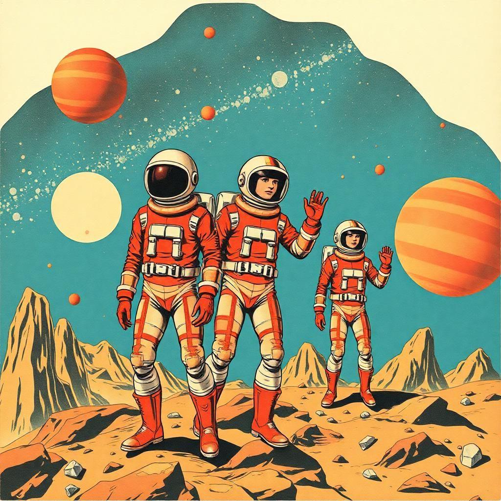 Craft a retro-futuristic collage where the vintage aesthetic meets the limitless cosmos. Picture human figures drawn in pop art style, clad in retro space suits, their actions frozen like pages in a comic book coming to life, evoking a sense of nostalgia for a future that might have been.