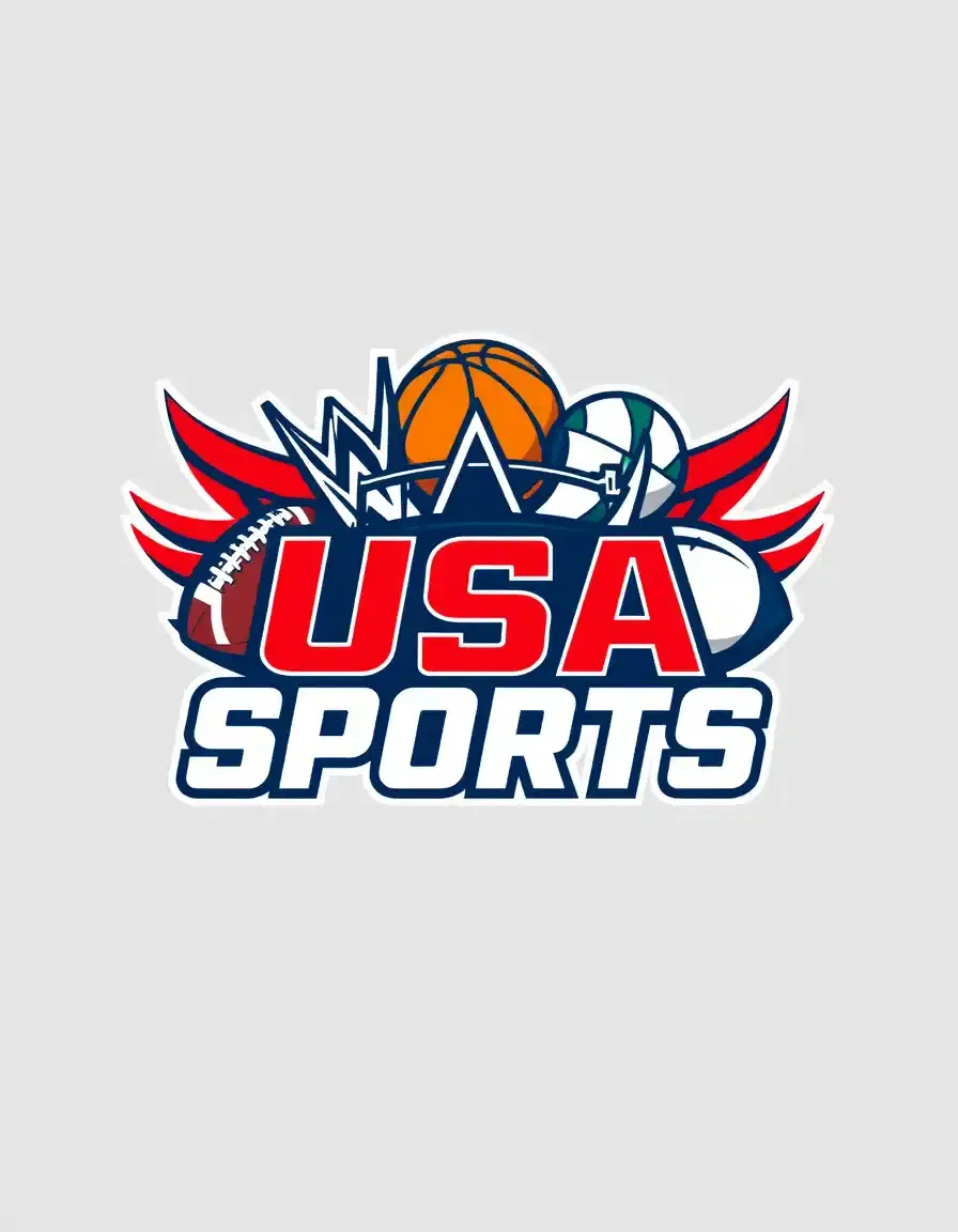 Create a dynamic and bold logo for a YouTube channel called USA Sports. The icon should visually represent the essence of American sports, combining elements from football, basketball, WWE, and rugby. Use vibrant colors like red, white, and blue to evoke patriotism. The design should feature iconic symbols such as a football, basketball, wrestling ring, and rugby ball, all intertwined in a cohesive, energetic composition. Incorporate sleek, modern fonts for the channel name USA Sports, making it stand out. The icon should feel powerful and action-packed, appealing to fans of multiple sports