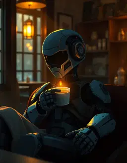 cinematic moody lighting fills the scene with a glowing golden haze, intimate low‑key illumination and rich shadow detail preserved throughout the frame. soft directional natural light creates warm golden highlights that emerge gently from deep charcoal and blue‑black shadows, with subtle falloff across faces and the environment. atmospheric haze reveals delicate shafts of light, drifting dust, smoke and glowing motes suspended in the air, producing beautifully exposed darkness and rich tonal separation. warm skin tones and natural materials are illuminated with gentle radiance, textured blacks and soft bloom surround practical light sources such as diffused window light, candlelight, lantern glow and filtered sunlight. cinematic negative space, quiet contemplative mood and expressive silhouettes add immersive atmospheric depth, understated elegance and emotionally evocative realism, hand‑crafted composition with warm amber and honey‑gold light balanced against cool slate, steel‑blue and graphite shadows, creating timeless visual storytelling that feels intimate, grounded and quietly beautiful. in the foreground, a stylish humanoid robot lounges in a quiet coffee shop, body language loose and unbothered, resting with a relaxed “eh, whatever” attitude while sipping motor oil from a tiny espresso cup. the robot features spriggan‑inspired mechanical design with glossy blue candy‑finished armor, refined and elegant rather than aggressive, rendered in chibi mature anime illustration style. detailed 2d linework and soft cel shading give the figure a drawn look, emphasizing its relaxed pose, expressive eyes and sleek mechanical joints, all bathed in the cinematic cafe lighting described above.