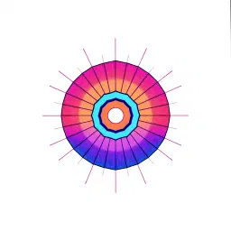 geometric line art minimalist drawing on ivory paper, central sunburst pattern radiating from a hexagonal core with segmented circular arcs and dashed construction lines, symmetrical radial composition in isometric perspective, crisp edges and pure line work, flat lighting, centered within a square frame, modernist graphic design, synthwave sunset palette of hot magenta, electric purple, burning orange melting into deep indigo with neon cyan edges, synthwave sunset palette.