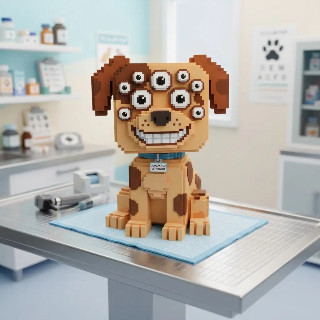 original character: a blocky voxel style cartoon dog patient sitting on a vet examination table, slightly too many eyes, unsettling friendly grin, Roblox-like stylized 3D blocky character render, clean soft gradient studio background, vibrant, crisp high detail