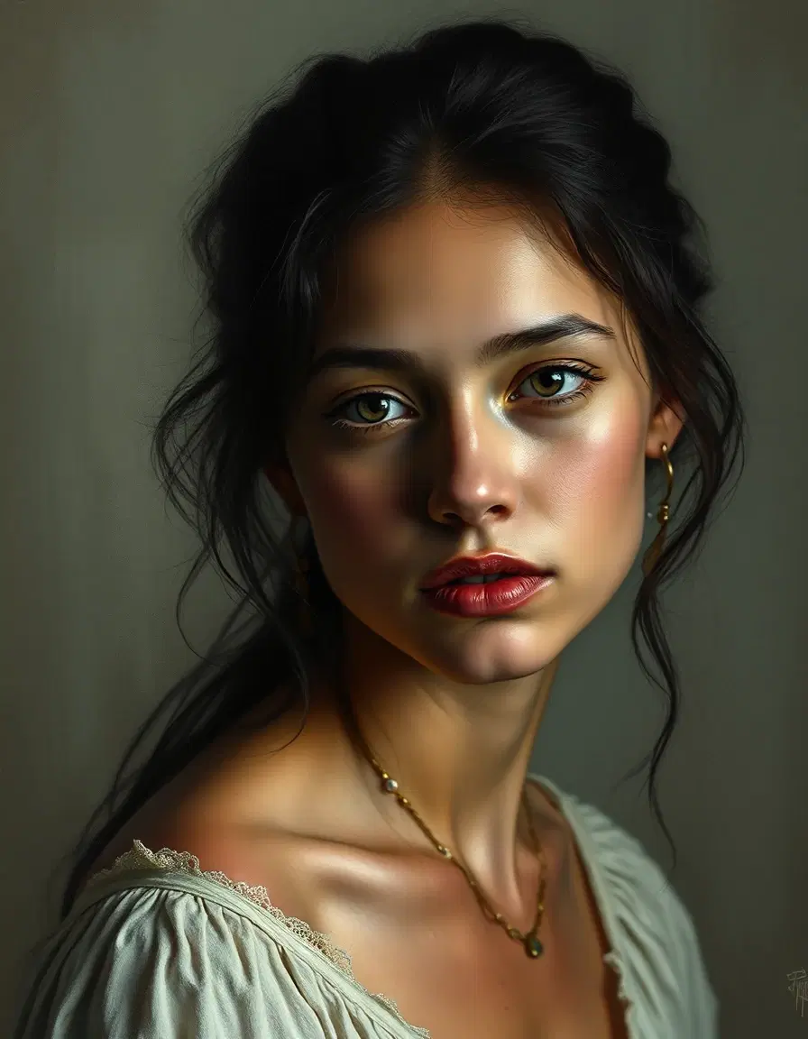 young woman portrait, high-cri neutral fidelity lighting, painterly oil style with visible brushstrokes, soft cinematic chiaroscuro, realistic skin tones, ethereal yet grounded, abstract muted background, intimate centered composition, renaissance meets modern surreal digital painting.