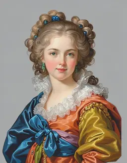 A young woman with fair skin, high cheekbones, and rosy cheeks, her green irises shine beneath pale blonde hair styled in tight ringlets and curls adorned with blue spherical ornaments. She wears pearl drop earrings set with green gemstones, a white lace ruffled collar, an orange bodice, a blue satin sash tied in a large bow, a gold satin sleeve trimmed with embroidery, a purple waist sash, and a blue satin cloak draped over her shoulders. Her elongated neck and foreshortened shoulders give her a poised, bust-length portrait appearance.