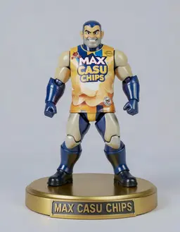 Action figure style: transform MAX CASU CHIPS into a hard‑plastic action figure, keeping the exact outfit from the source image. Pose the figure in a dynamic, cool stance that showcases the character’s personality, with glossy, vivid colors and ultra‑detailed realistic features. Render a full‑body, 16k professional photograph on a gold pedestal, the original background unchanged, lighting the figure naturally. Write the name “MAX CASU CHIPS” on a plaque in front of the pedestal. Masterpiece quality, ultra‑detailed, realistic rendering.