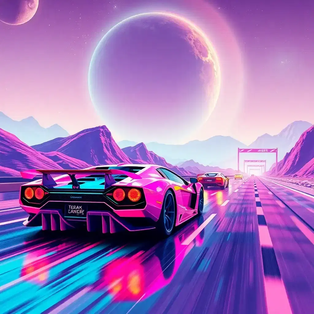 "a high-energy race scene featuring two high-tech, cybernetic <brightly colored candy-themed and 80s-inspired supercars, with bodies crafted from translucent plastic that filters the neon lights of the surrounding environment,> speeding down a cyberpunk neon-lit highway in a <flat vector style, reminiscent of colorful candy boxes and mosaics shaped like wafers, vibrant tiles that filter and pixelate the view amidst the threat of a massive, swirling, all-consuming black hole, depicted in gritty, high-contrast technical drawing, with pastel hues of sugar-coated delights painted across the desolate backdrop> amidst the rainbow-colored hills composed from the very tiles that make up the mosaic, that morph into sugary treats at the horizon. the car in the foreground is a <bubblegum pink lamborghini countach, its angular design and metallic appearance now almost untouchable, veiled by layers of translucent plastic, while a lattice of icing and licorice replaces the circuitry, making it look as if crafted from edible puzzle pieces themselves. the rival car, a sleek, low-riding delorean with neon accents and retractable, lollipop-shaped spoilers, tries to overtake amidst a trail of gumdrops and shattered wafers fragments that fade from the intense speed and racing chaos, as the gummy bears road stretches endlessly, with candy cane billboards flashing along the sides as distant, gumdrop fields composed from the very tiles that make up the mosaic, are revealed to be actual candy-coated cybernetic fortresses, set against a sky filled with cotton candy puffs and swirling sugar crystals."