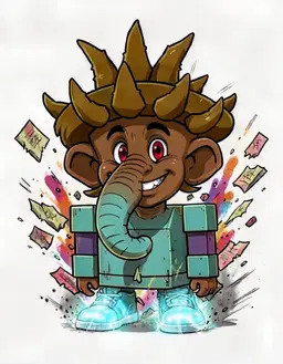 character portrait of male, an absurd cartoon cactus with an elephant's trunk and tiny legs, fully clothed, base owner, speed boots, warm brown hair, deep red eyes, a brown complexion, chaotic and mischievous, in the style of Steal a Brainrot, faithful to its official art style, vivid saturated colors, head and shoulders, facing forward, plain flat white background