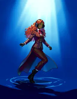 Seraphine Dawn. Deep blue water, light cutting down from far above. Seraphine Dawn is mid-stride, leaning into the movement. A single whole figure, face in view, clear of everything else in the frame.