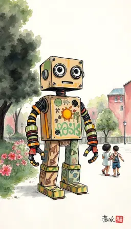 a sumi-e ink wash painting with subtle watercolor accents, featuring a whimsical robot constructed from colorful cardboard and recycled plastic bottles, standing proudly in a vibrant urban park. the robot has a boxy head with large, expressive eyes made from bottle caps, and arms crafted from twisted cardboard tubes. its body is adorned with playful patterns and graffiti art. the backdrop showcases blooming flowers and children playing, emphasizing a blend of creativity and sustainability, with a focus on negative space and minimalist composition, evoking a sense of harmony and introspection.