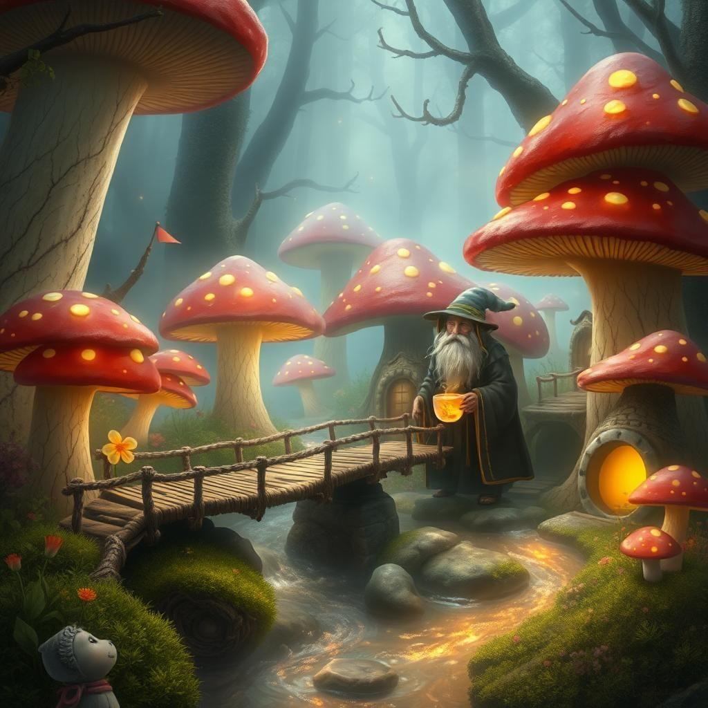 A curious traveler stumbles upon the Enchanted Mushroom Village after wandering through a misty woodland, drawn by the distant sound of ethereal melodies. As they step past the towering fungi, a sense of wonder washes over them—tiny bridges made of woven roots connect the mushroom homes, while streams of shimmering liquid weave through the village, reflecting the vibrant hues of the fungi. A wise elder, their skin faintly glowing like the spores in the air, greets the traveler, offering a cup of sweet, glowing tea that pulses with unknown magic. As the traveler sips, the world around them shifts—the air thickens with a dreamlike haze, and the village reveals its true nature, existing between realms, untouched by time.