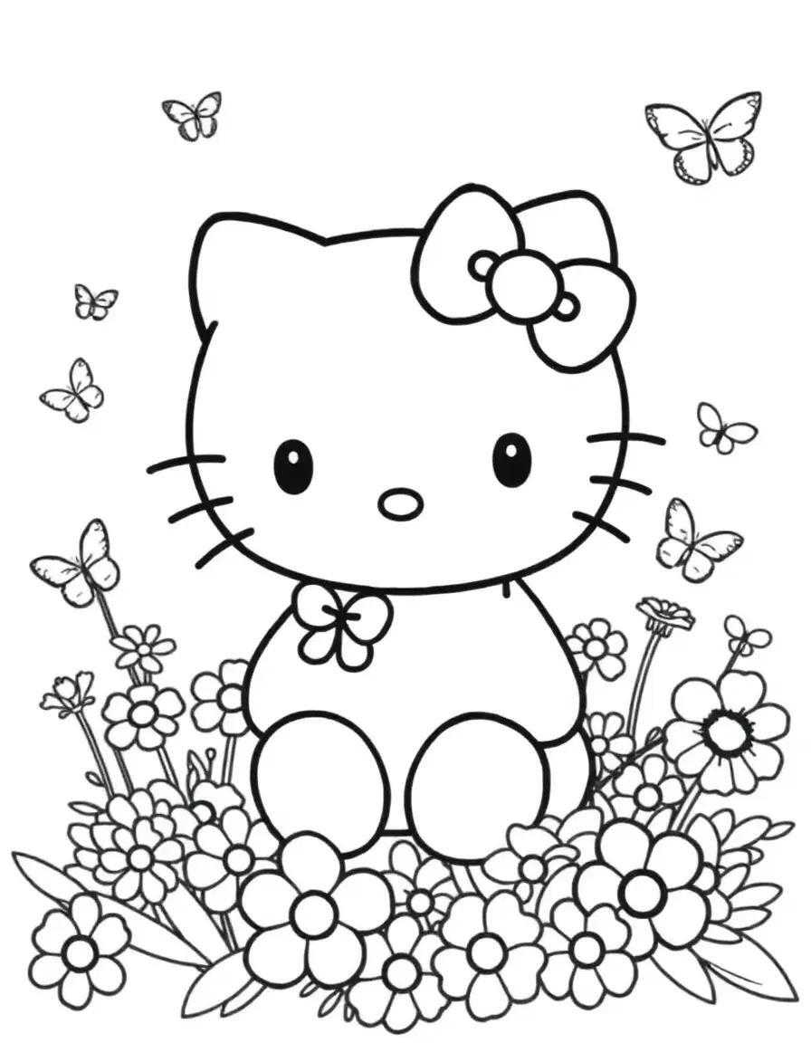Hello Kitty coloring page, Hello Kitty sitting in a garden surrounded by flowers and butterflies, cute floral theme, outlined black and white line art, detailed floral patterns, {Hello Kitty with bow}, kawaii Sanrio art style, designed for coloring books, no shading or color, plain white background, clean symmetrical composition, simple cartoon lines, smooth vector drawing, printable A4 size, clear contour lines, perfect for kids and adults coloring pages

